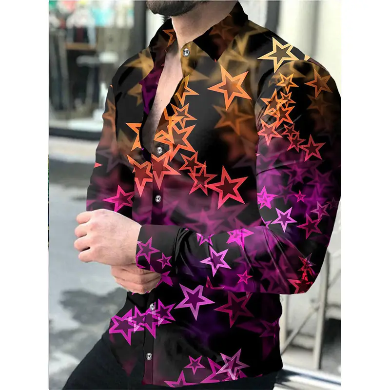 Men 3D Printed Blue Geometric Lapel Shirt Slim Fit Long Sleeve