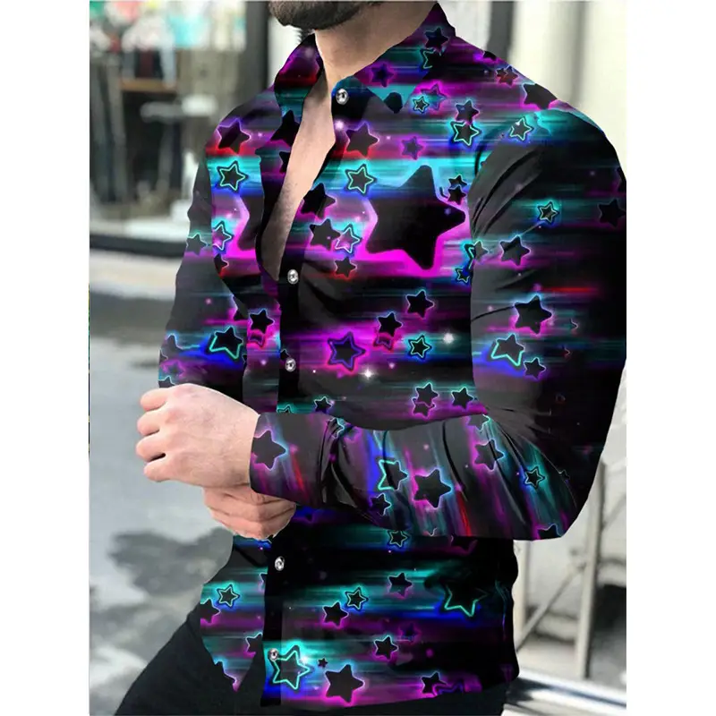 Men 3D Printed Blue Geometric Lapel Shirt Slim Fit Long Sleeve