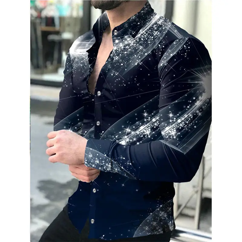 Men 3D Printed Blue Geometric Lapel Shirt Slim Fit Long Sleeve