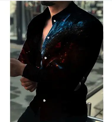 Men 3D Printed Blue Geometric Lapel Shirt Slim Fit Long Sleeve