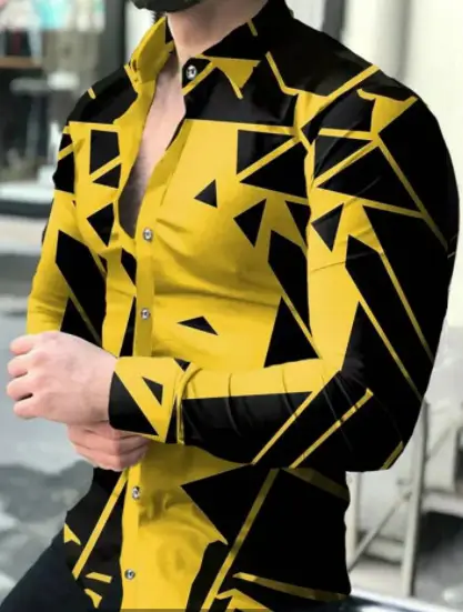 Men 3D Printed Blue Geometric Lapel Shirt Slim Fit Long Sleeve