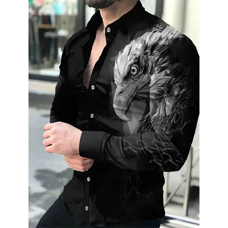 Men 3D Printed Blue Geometric Lapel Shirt Slim Fit Long Sleeve