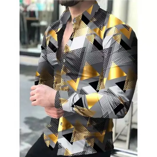 Men 3D Printed Blue Geometric Lapel Shirt Slim Fit Long Sleeve