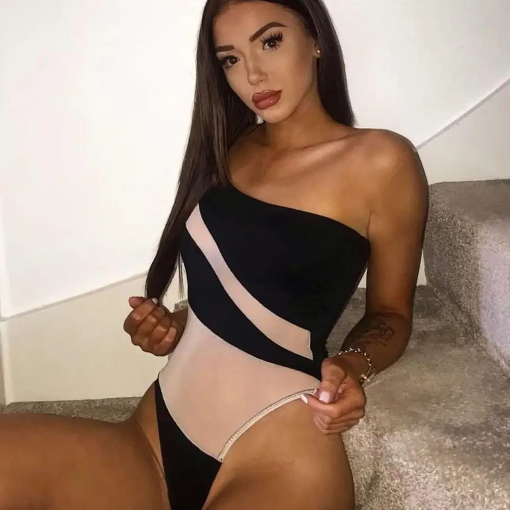 Black Slim Fitting One-Sleeve Mesh Jumpsuit for Women - Image 2