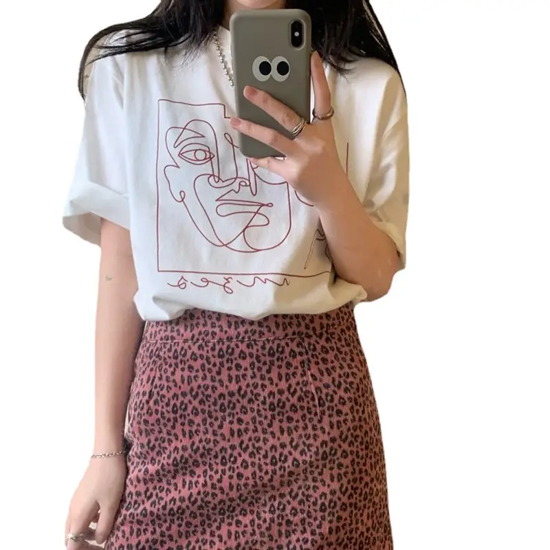 Women Korean Style Loose T-Shirt Leopard Skirt Set