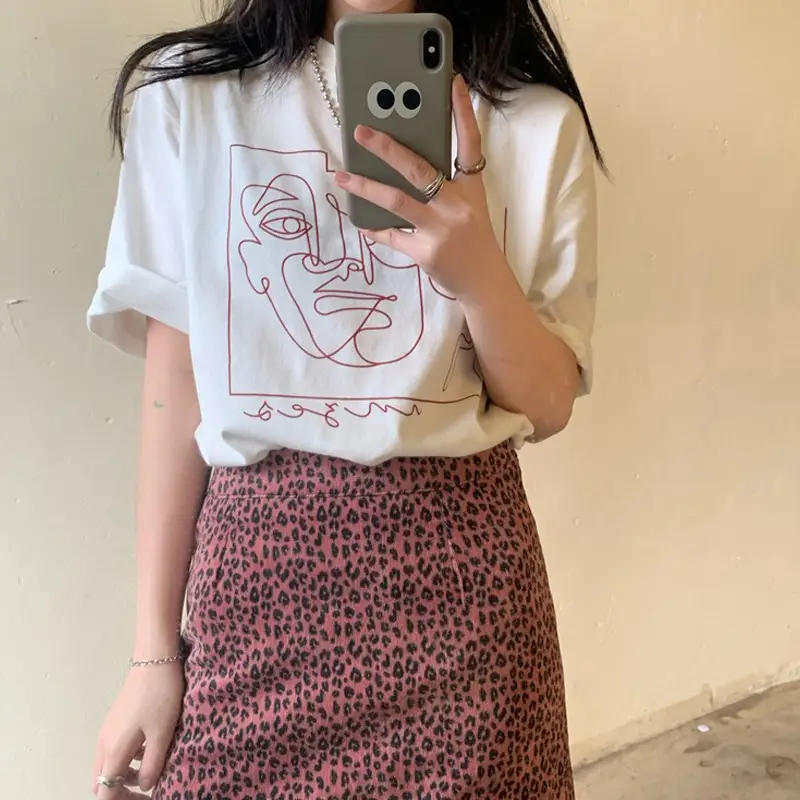 Women Korean Style Loose T-Shirt Leopard Skirt Set