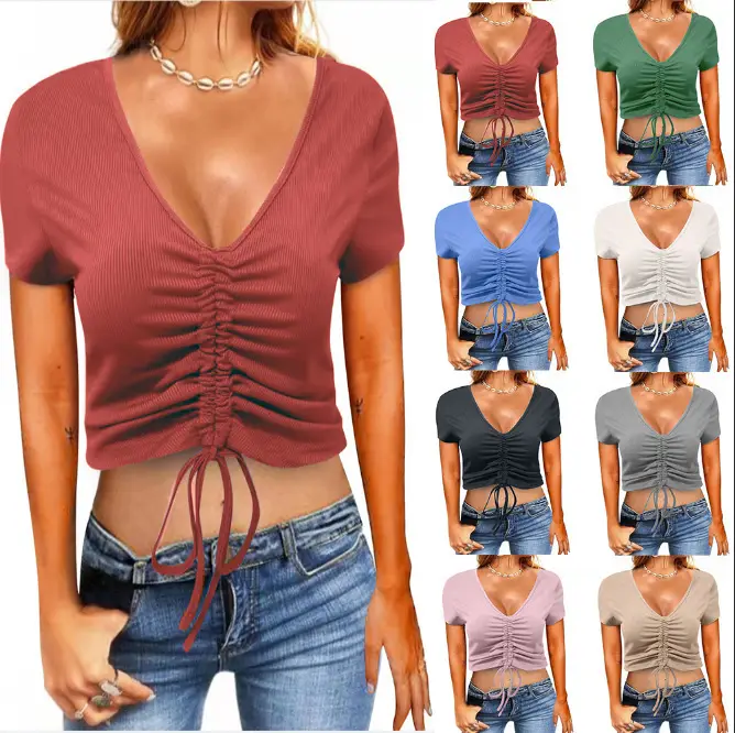 2022 Summer Drawstring V-Neck T-Shirt Women - Image 9