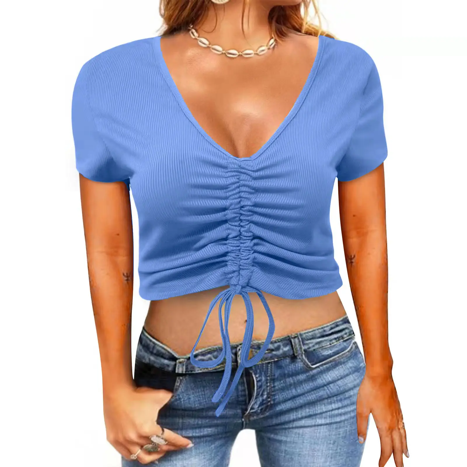 2022 Summer Drawstring V-Neck T-Shirt Women - Image 8