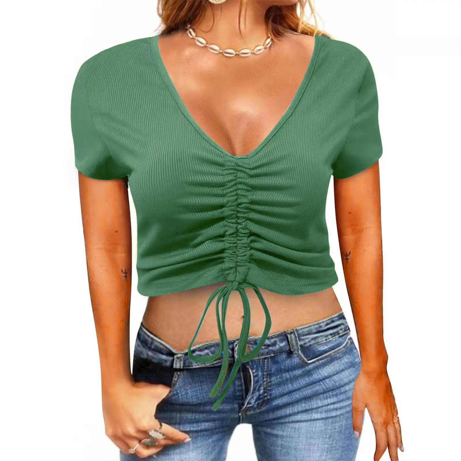 2022 Summer Drawstring V-Neck T-Shirt Women - Image 2