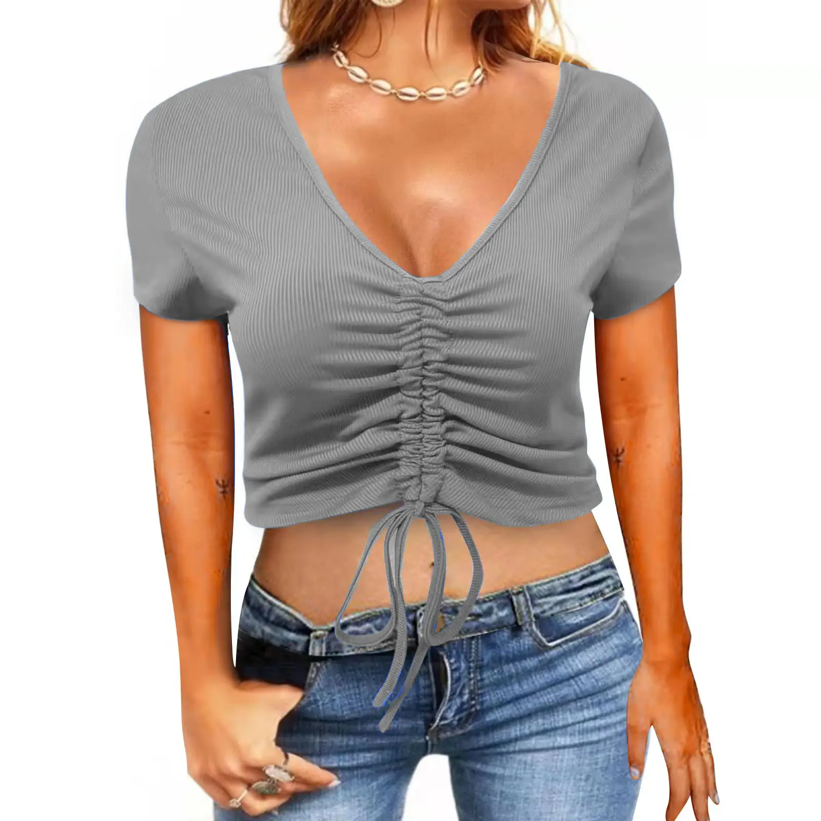 2022 Summer Drawstring V-Neck T-Shirt Women - Image 3
