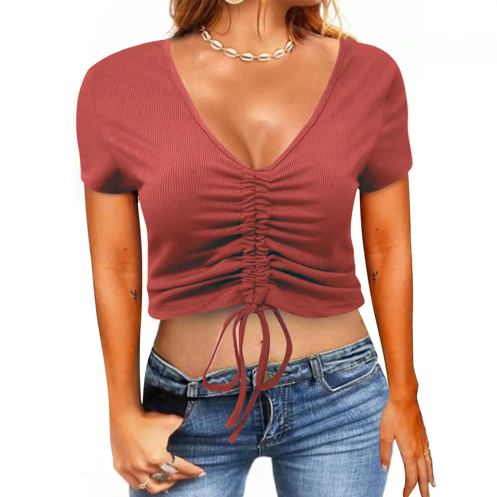 2022 Summer Drawstring V-Neck T-Shirt Women - Image 4