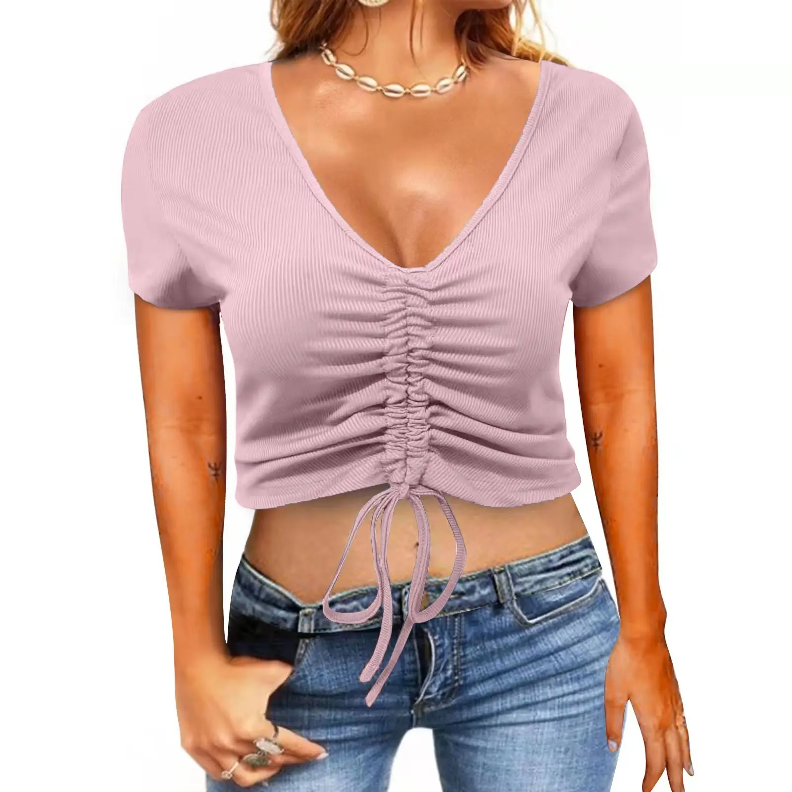 2022 Summer Drawstring V-Neck T-Shirt Women - Image 5