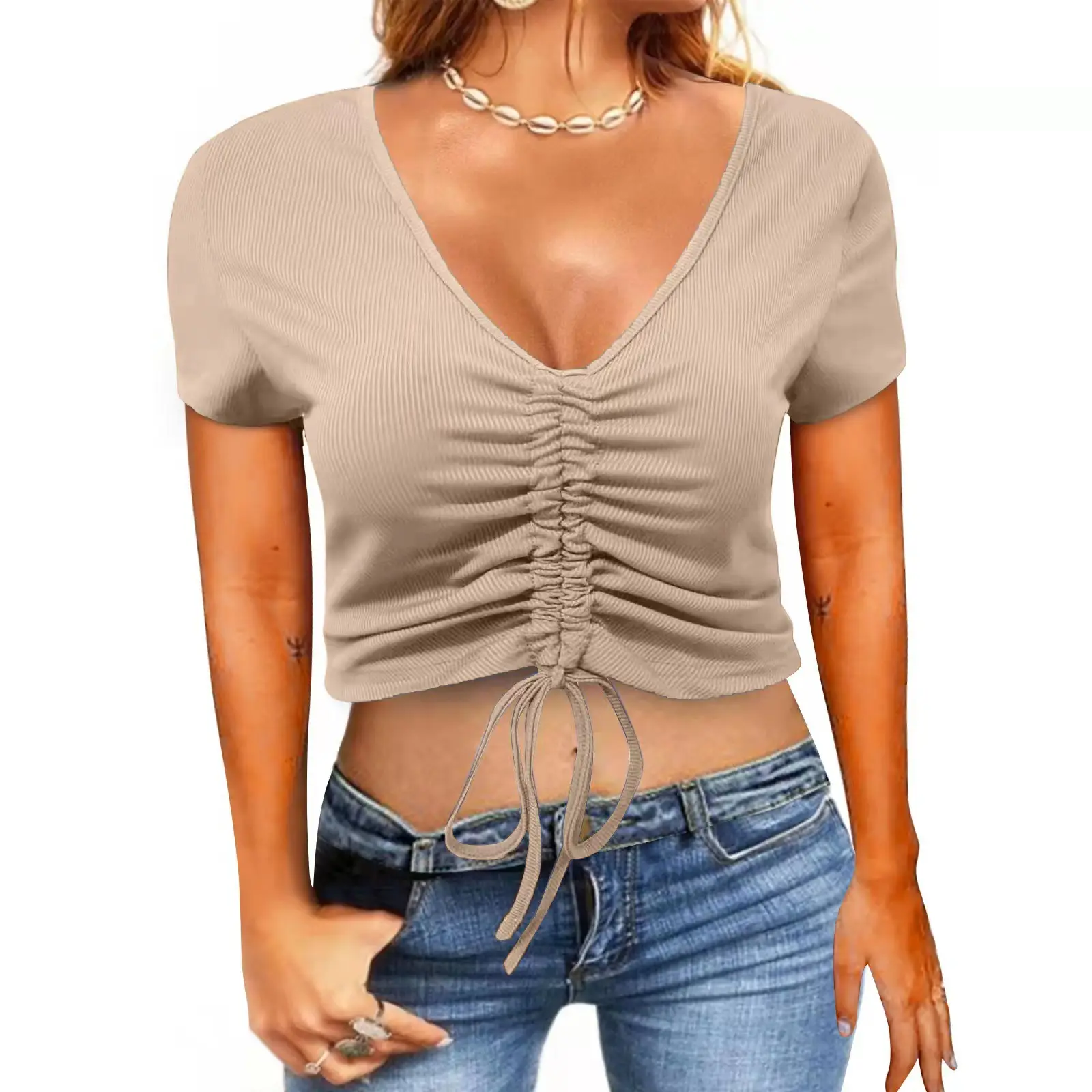 2022 Summer Drawstring V-Neck T-Shirt Women - Image 6
