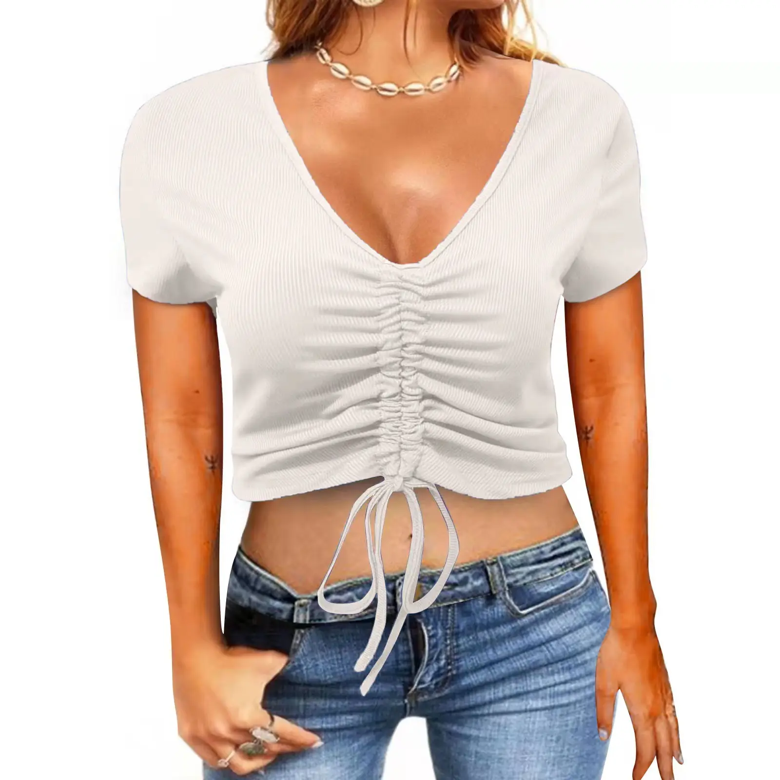 2022 Summer Drawstring V-Neck T-Shirt Women - Image 7