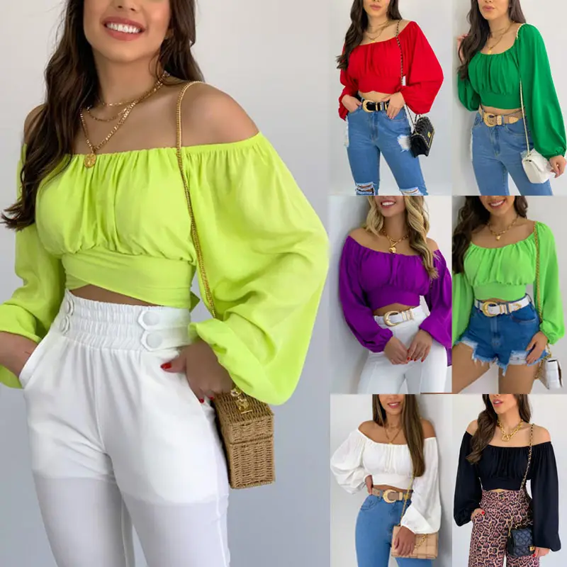 Green Off-Shoulder Lantern Sleeve Top for Women