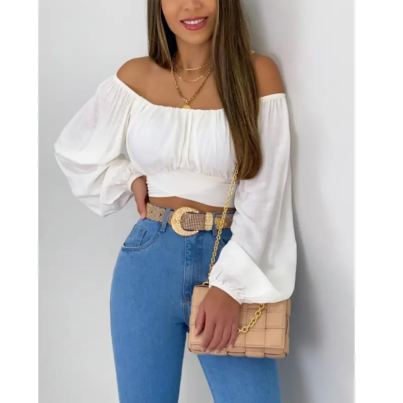 Green Off-Shoulder Lantern Sleeve Top for Women