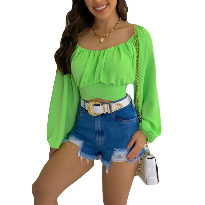 Green Off-Shoulder Lantern Sleeve Top for Women