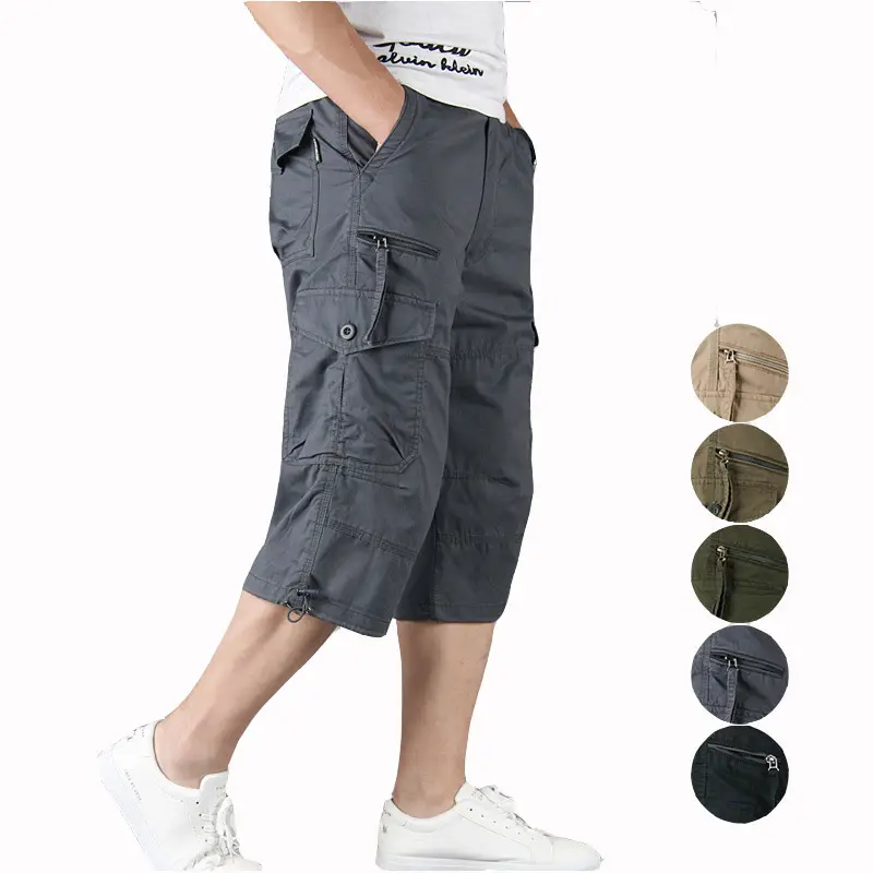 Men's Olive Green Capri Shorts with Multi-Pockets