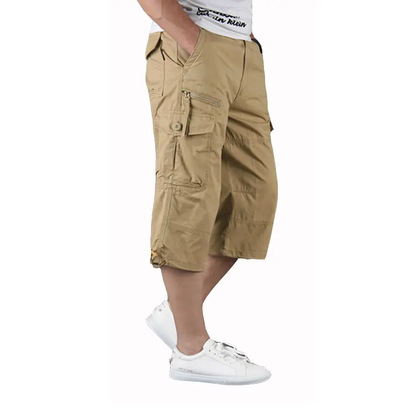 Men's Olive Green Capri Shorts with Multi-Pockets