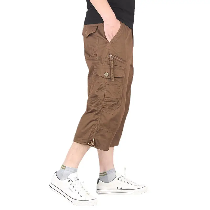 Men's Olive Green Capri Shorts with Multi-Pockets