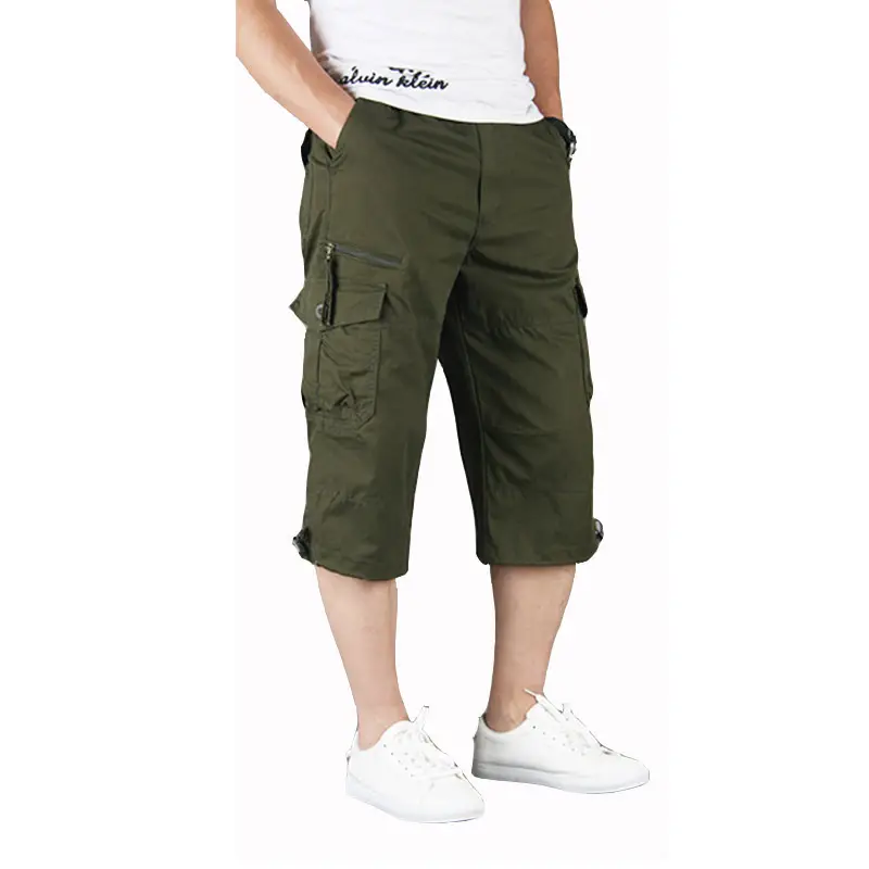 Men's Olive Green Capri Shorts with Multi-Pockets