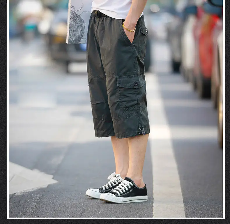 Men's Olive Green Capri Shorts with Multi-Pockets — feature 10