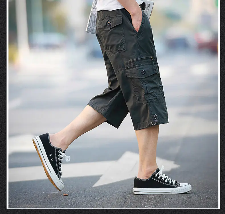 Men's Olive Green Capri Shorts with Multi-Pockets — feature 12