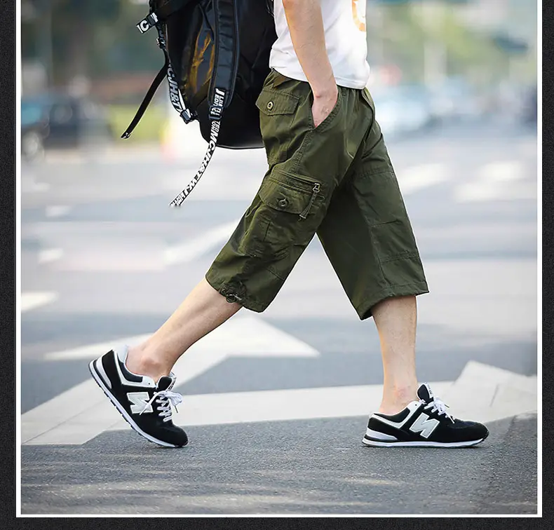 Men's Olive Green Capri Shorts with Multi-Pockets — feature 15