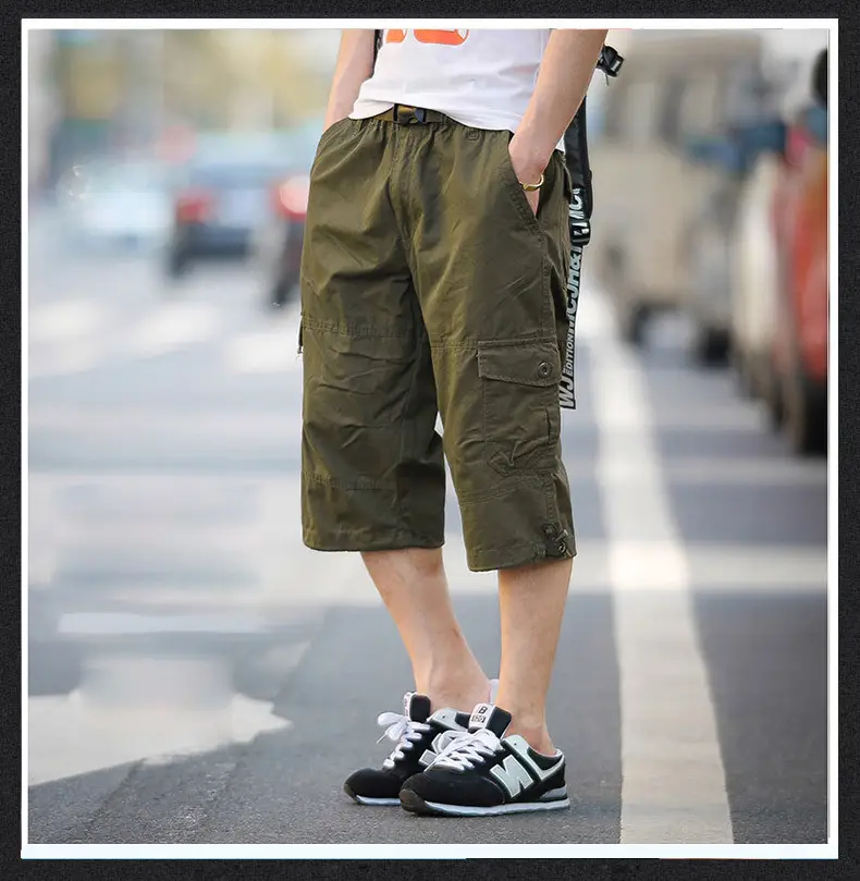 Men's Olive Green Capri Shorts with Multi-Pockets — feature 2