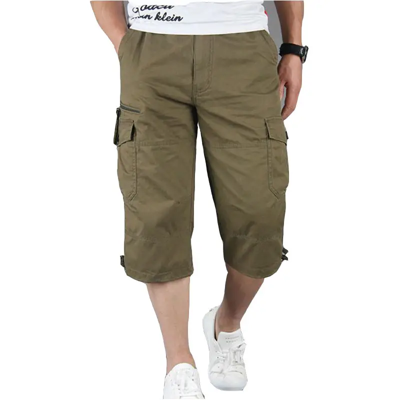 Men's Olive Green Capri Shorts with Multi-Pockets