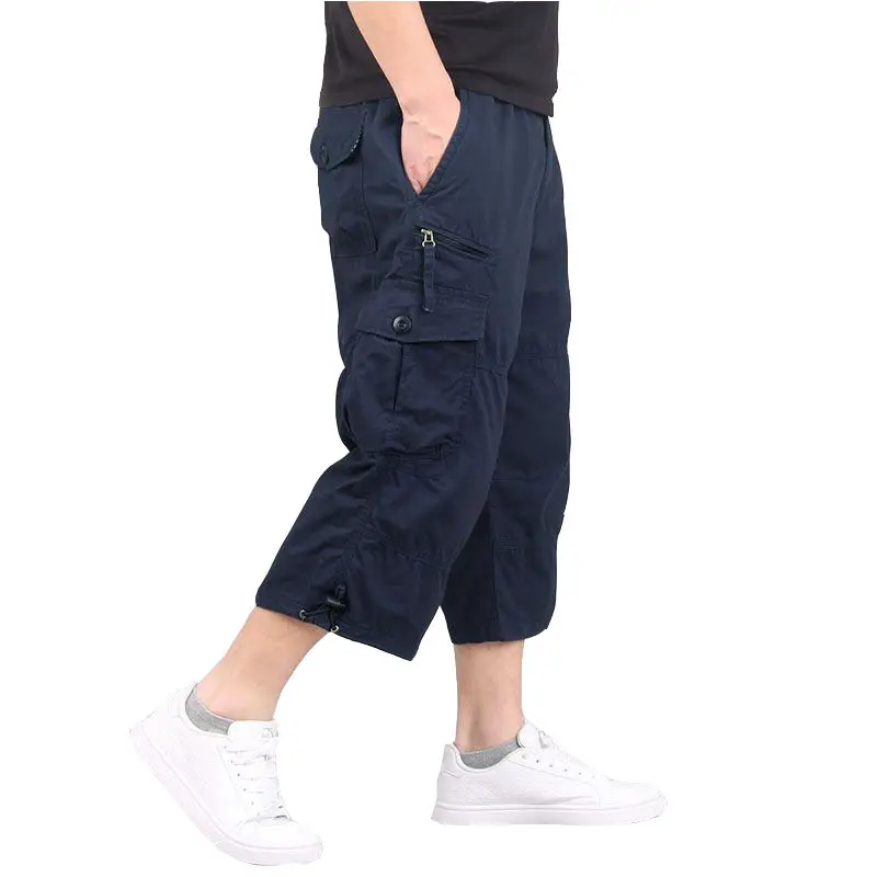 Men's Olive Green Capri Shorts with Multi-Pockets