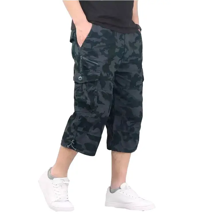 Men's Olive Green Capri Shorts with Multi-Pockets