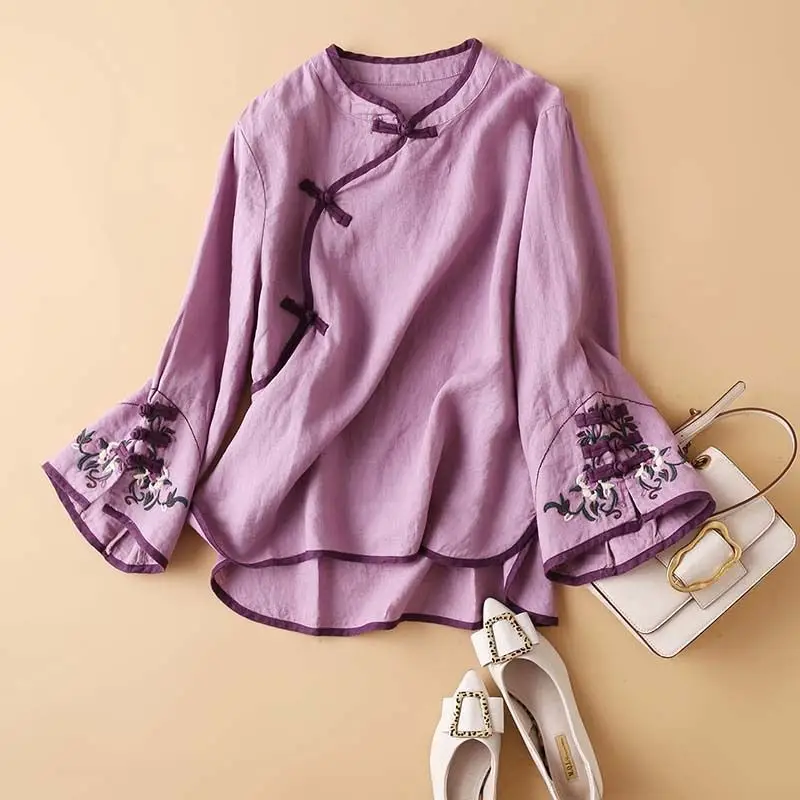 Women Chinese Style Oblique Blouse with Embroidery - Image 2