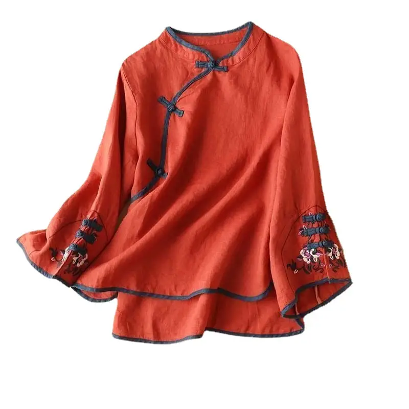 Women Chinese Style Oblique Blouse with Embroidery - Image 6