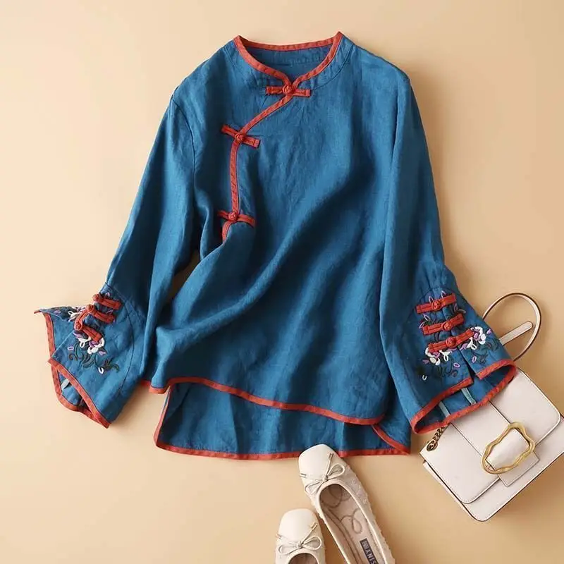 Women Chinese Style Oblique Blouse with Embroidery — feature 4