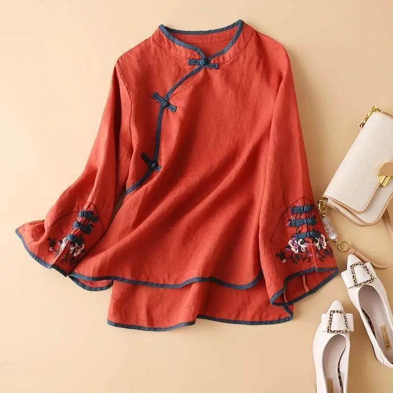 Women Chinese Style Oblique Blouse with Embroidery — feature 6