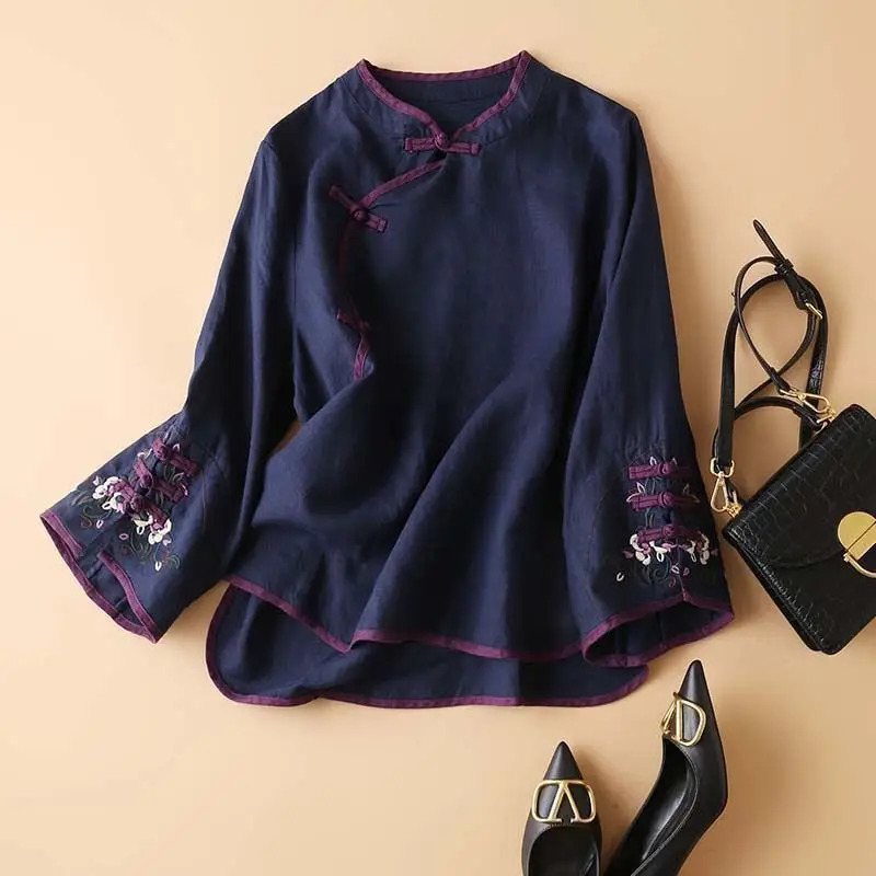 Women Chinese Style Oblique Blouse with Embroidery - Image 4