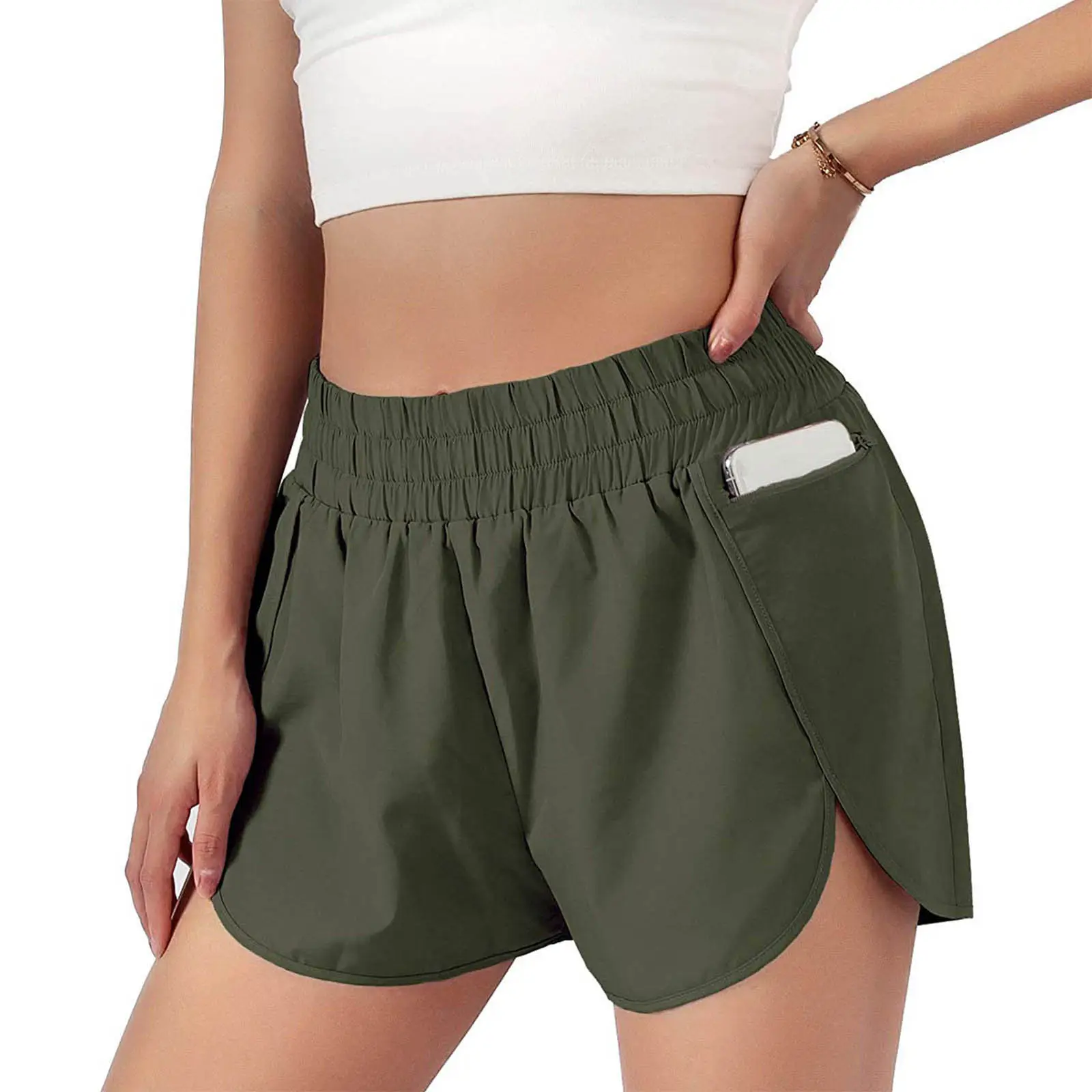 Women's Elastic Waist Running Shorts Yellow Loose Fit - Image 3