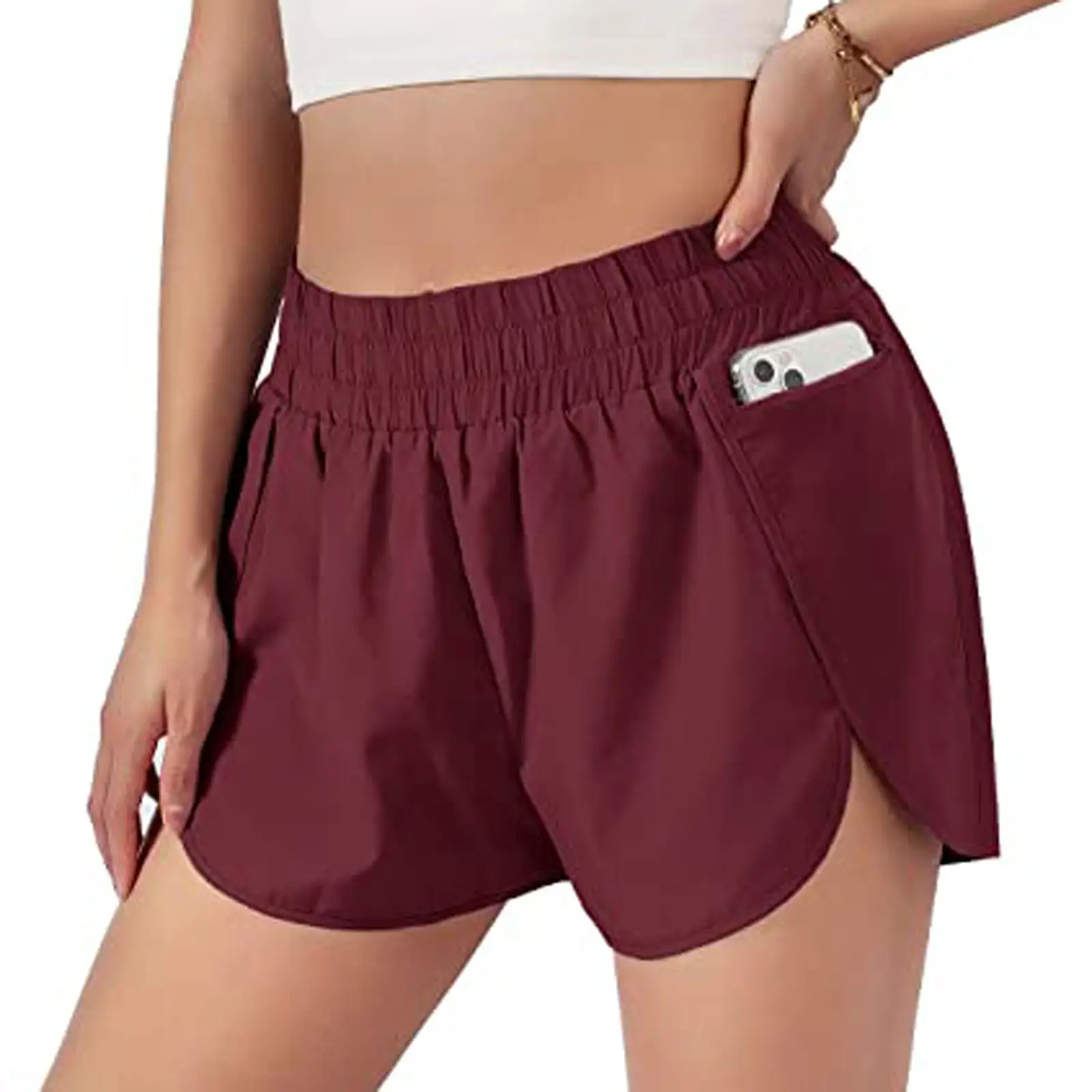 Women's Elastic Waist Running Shorts Yellow Loose Fit - Image 5