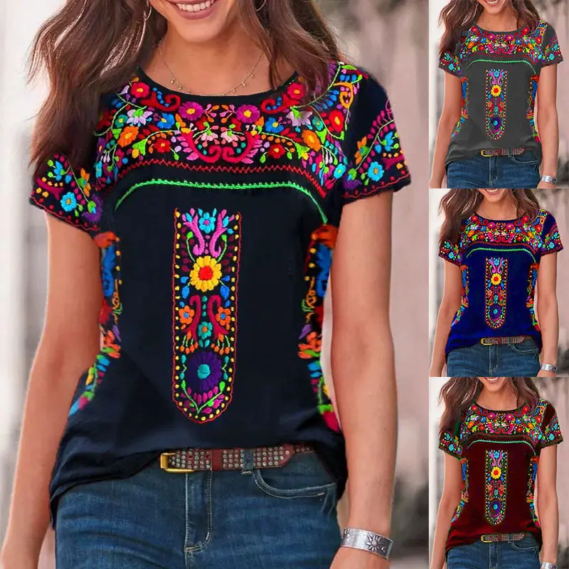 2023 Women's Bohemian Printed T-Shirt Round Neck Short Sleeve
