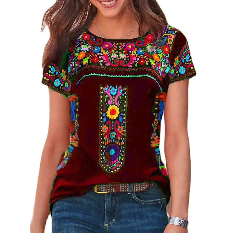 2023 Women's Bohemian Printed T-Shirt Round Neck Short Sleeve