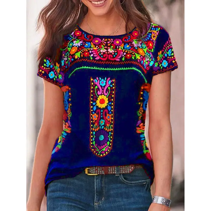 2023 Women's Bohemian Printed T-Shirt Round Neck Short Sleeve