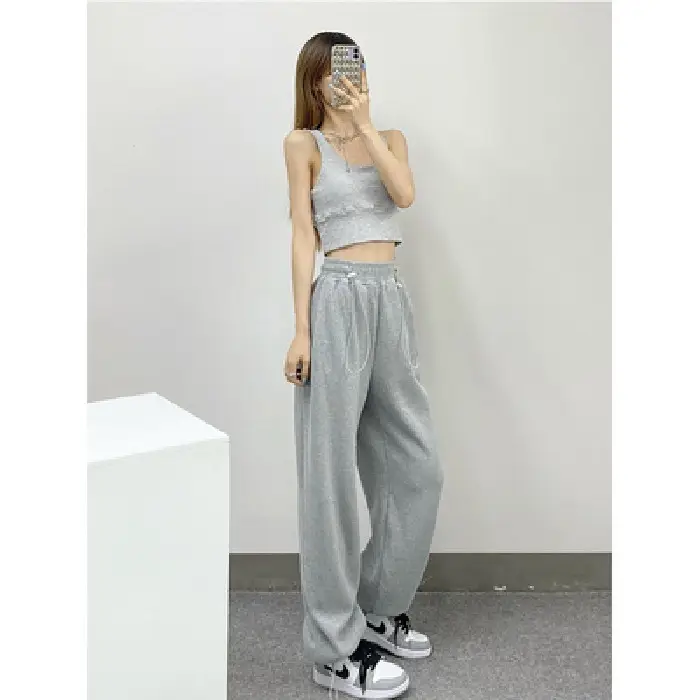 Blue Sports Pants Women High Waist Slimming Loose Wide Leg Drawstring Casual Sweatpants - Image 4