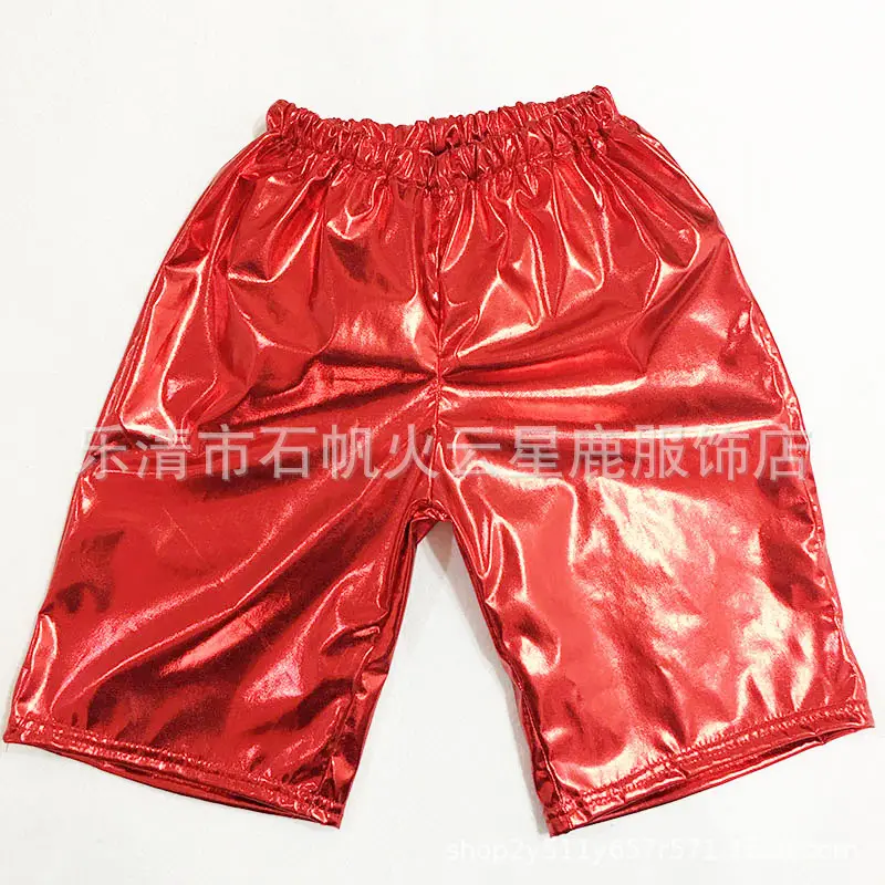 Red Gold Foil Glossy Shorts for Men Mid-Length