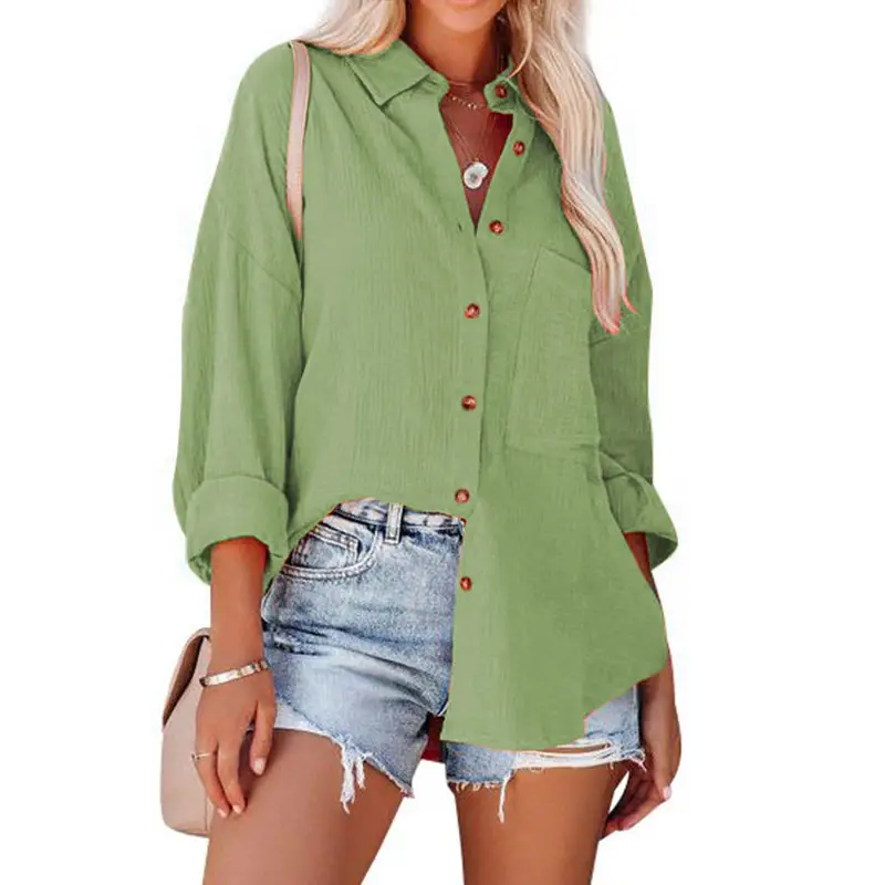 Women's Off-Shoulder Green Button-Down Shirt 2024 Spring - Image 4