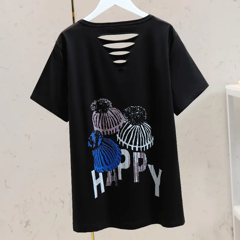 2022 Black V-Neck Slimming T-Shirt Women - Image 2