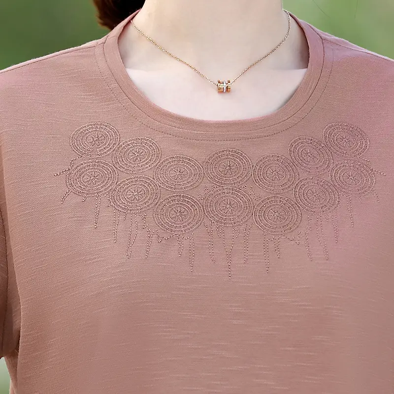 2022 Summer Embroidered T-Shirt Green Brown Plus Size - Image 6