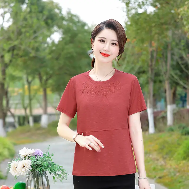 2022 Summer Embroidered T-Shirt Green Brown Plus Size - Image 9