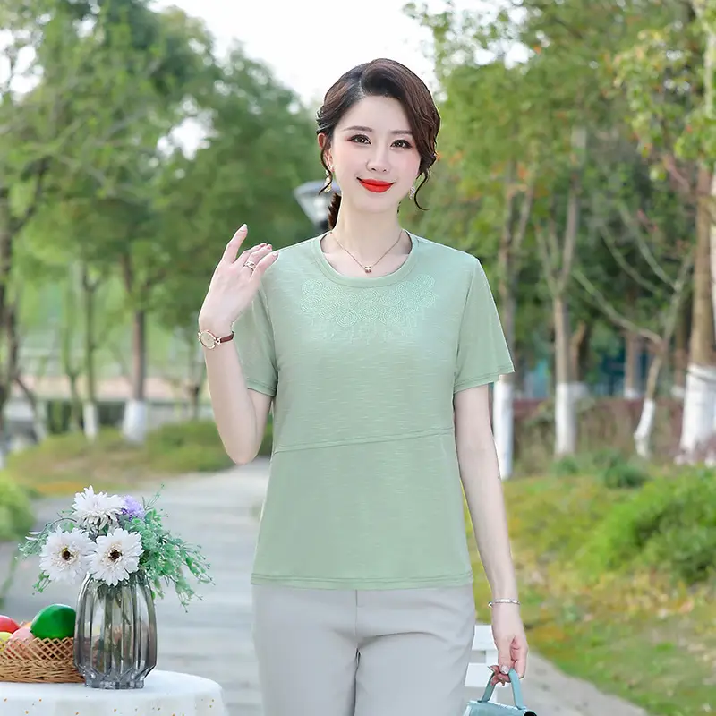 2022 Summer Embroidered T-Shirt Green Brown Plus Size - Image 2