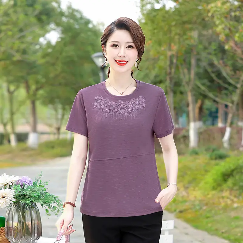 2022 Summer Embroidered T-Shirt Green Brown Plus Size - Image 3